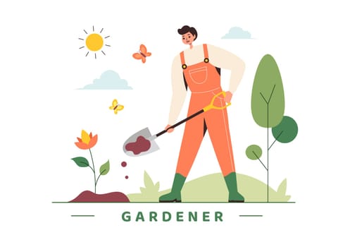Gardener Vector Illustration with Garden Tools, Farming, and Growing Vegetables in a Botanical Summer Gardening Flat Style Cartoon Background