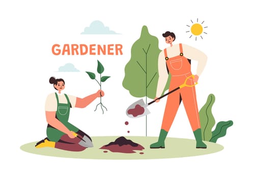 Gardener Vector Illustration with Garden Tools, Farming, and Growing Vegetables in a Botanical Summer Gardening Flat Style Cartoon Background