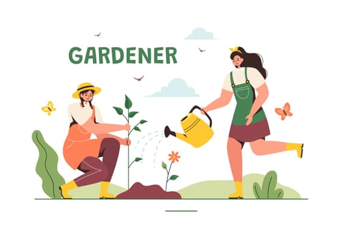 Gardener Vector Illustration with Garden Tools, Farming, and Growing Vegetables in a Botanical Summer Gardening Flat Style Cartoon Background
