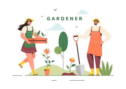 Gardener Vector Illustration with Garden Tools, Farming, and Growing Vegetables in a Botanical Summer Gardening Flat Style Cartoon Background