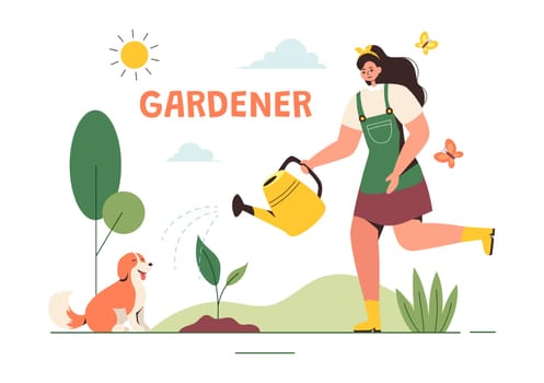 Gardener Vector Illustration with Garden Tools, Farming, and Growing Vegetables in a Botanical Summer Gardening Flat Style Cartoon Background
