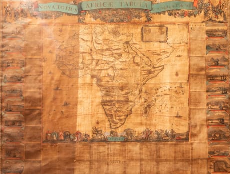 Genova, Italy - 8 August 2023: Spinola Palace. Antique map shows Africa known to Europeans in the mid 17-th Century. Exploration, cartography, vintage background.