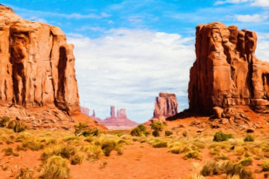 Creative illustration in vintage watercolor design - Monument Valley in USA, red panorama with blue sky
