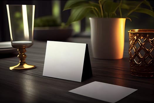 Blank paper table card on wooden table over bar blurry background