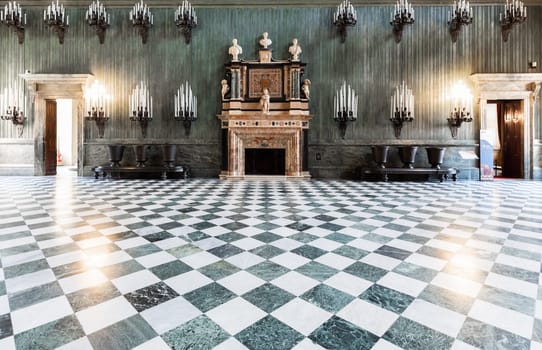 Turin, Italy -Royal Palace Entrance. Classic hall, luxury marble, room perspective