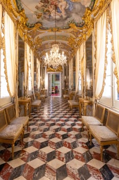 Genova, Italy - 8 August 2023: Spinola Palace. Corridor in luxury baroque style, old palace, nobody