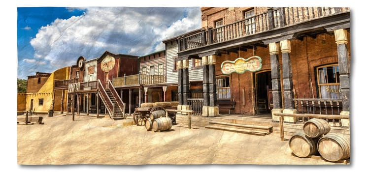 Creative picture of Wild West village with old buildings and saloon