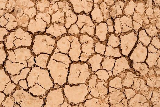 Close-up of dry cracked soil texture in arid area due to lack of water amid global warming. Concept of environmental problems.