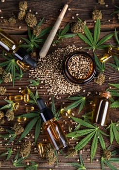 Cbd oil and marijuana plant, hemp seeds, medical marijuana concept