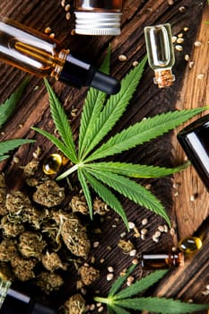 Cbd oil and marijuana plant, hemp seeds, medical marijuana concept
