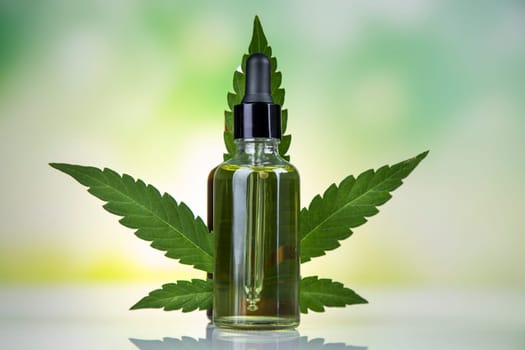 Hemp cbd oil, cannabis leaves, hemp seeds and bottles of oil