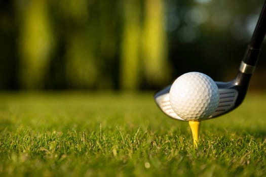 Golf player playing in a golf club on a beautiful sunset in the evening