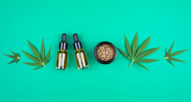 Cbd cannabis hemp buds, marijuana and cannabis leaves, medical cannabis concept