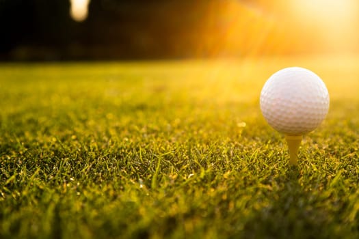 Closeup Golf ball on green grass on course