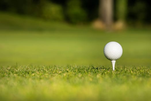 Golf ball and clubs in golf field