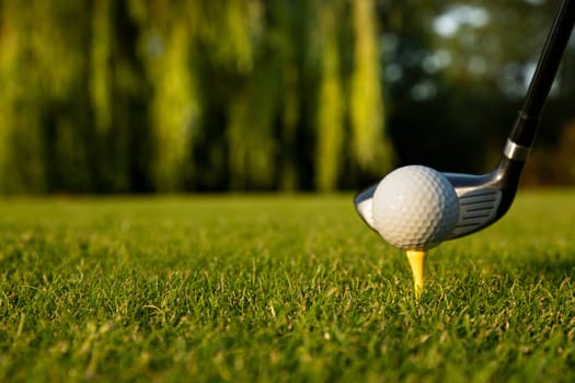 Golf player playing in a golf club on a beautiful sunset in the evening