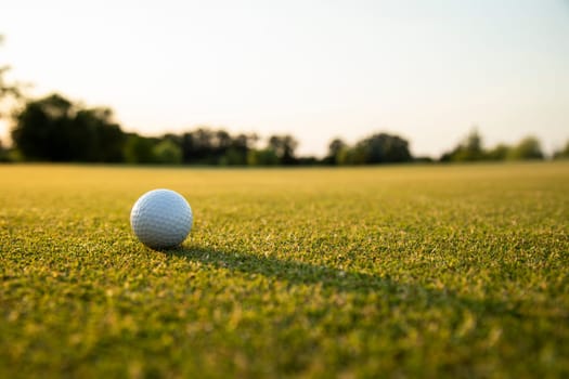 Closeup Golf ball on green grass on course