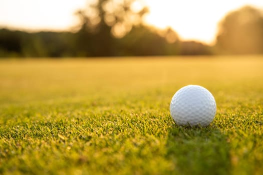 Closeup Golf ball on green grass on course