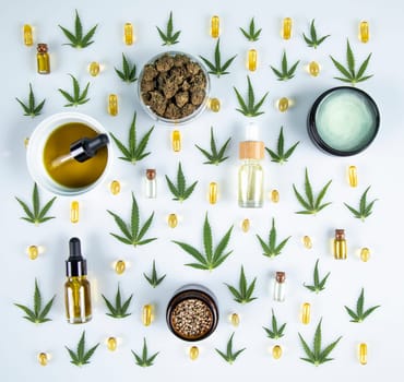 Cbd oil and marijuana plant, hemp seeds, medical marijuana concept