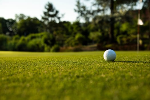 Golf ball and clubs in golf field