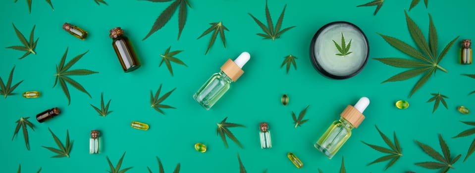 Flat lay composition, cbd, Cannabis leaves with marijuana
