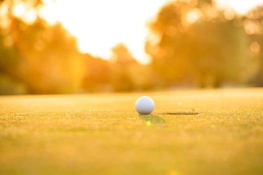 Closeup Golf ball on green grass on course