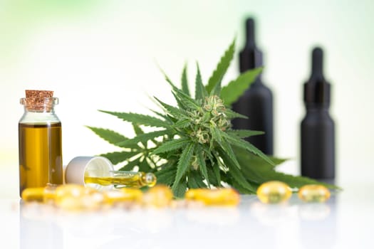 Oil cbd, cannabis and hemp leaves, medical marijuana concept