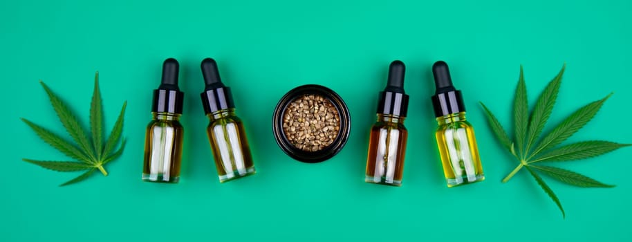 Flat lay composition, cbd, Cannabis leaves with marijuana