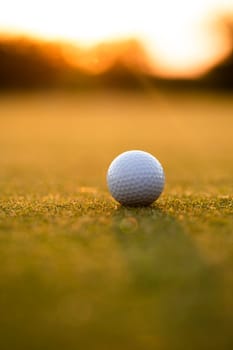 Closeup Golf ball on green grass on course