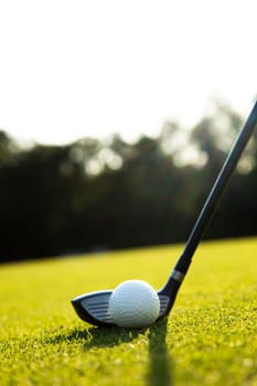 Golf player playing in a golf club on a beautiful sunset in the evening