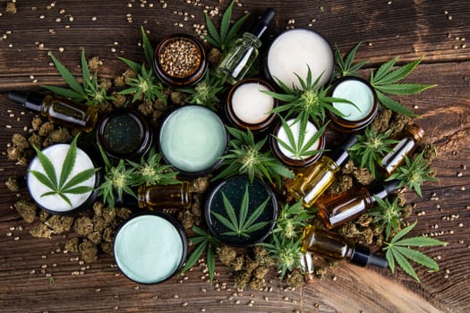 Cbd hemp cosmetics, oil in bottle and marijuana