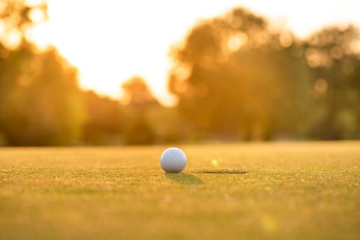 Closeup Golf ball on green grass on course