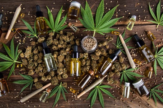 Cbd oil and marijuana plant, hemp seeds, medical marijuana concept