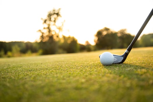 Golf player playing in a golf club on a beautiful sunset in the evening