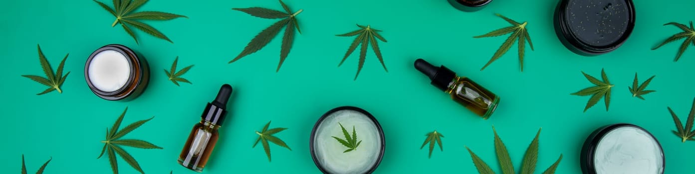 Cbd cannabis hemp buds, marijuana and cannabis leaves, medical cannabis concept