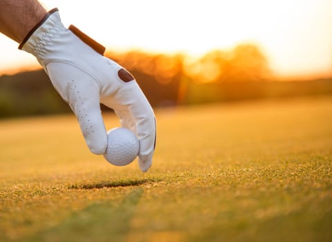 Golf course with ball and grass on close up of a hand     ,grass,golfer,golfing,sky,nature,ball,object,play,blue,fairway,closeup,club,outdoor     ,competition,recreation,background,color,summer