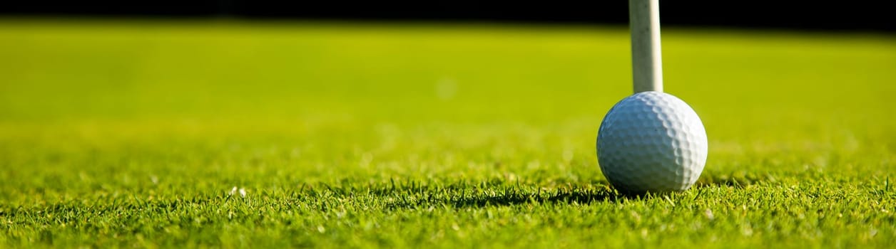 Golf ball and clubs in golf field