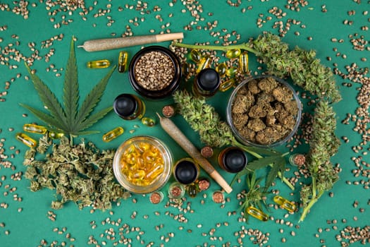 Flat lay, Medical marijuana, cbd,  Cannabis buds, hemp leaves concept