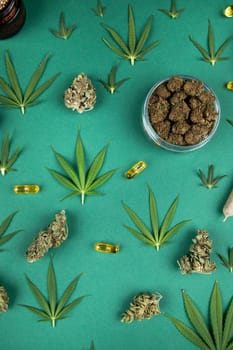 Flat lay, Medical marijuana, cbd,  Cannabis buds, hemp leaves concept