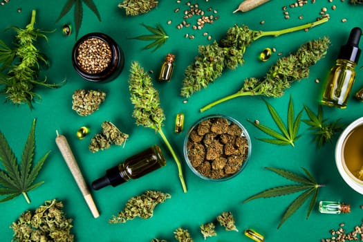 Medical marijuana, cbd,  Cannabis buds, hemp leaves concept