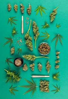 Flat lay, Medical marijuana, cbd,  Cannabis buds, hemp leaves concept