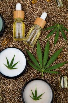 Cannabis leaves with marijuana, cbd, Flat lay composition