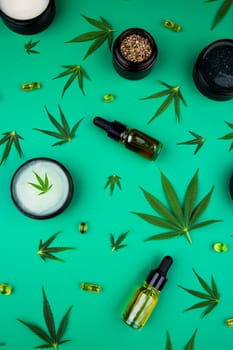 Cannabis leaves with marijuana, cbd, Flat lay composition