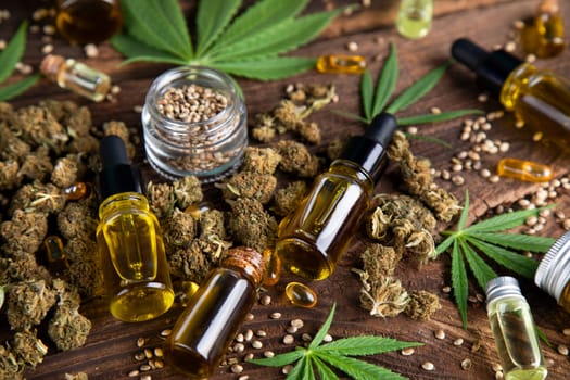Oil cbd, cannabis and hemp leaves, medical marijuana concept