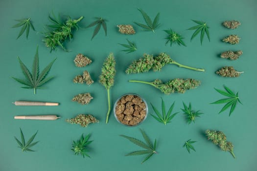 Flat lay, Medical marijuana, cbd,  Cannabis buds, hemp leaves concept