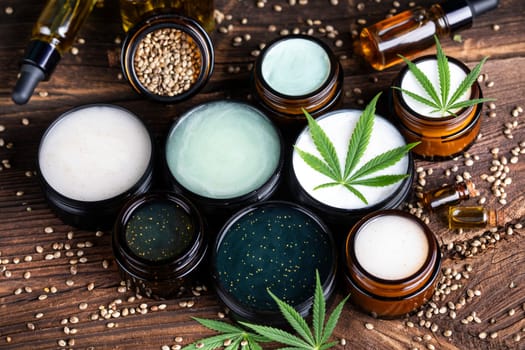 Cbd hemp cosmetics, oil in bottle and marijuana