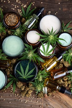 Cbd hemp cosmetics, oil in bottle and marijuana