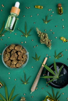 Flat lay, Medical marijuana, cbd,  Cannabis buds, hemp leaves concept