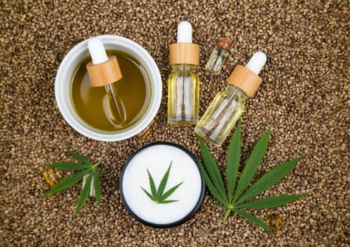 Oil cbd, cannabis and hemp leaves, medical marijuana concept