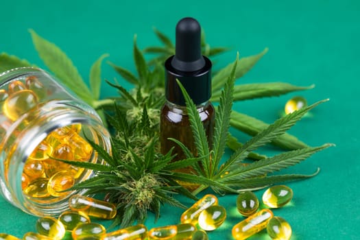 Oil cbd, cannabis and hemp leaves, medical marijuana concept
